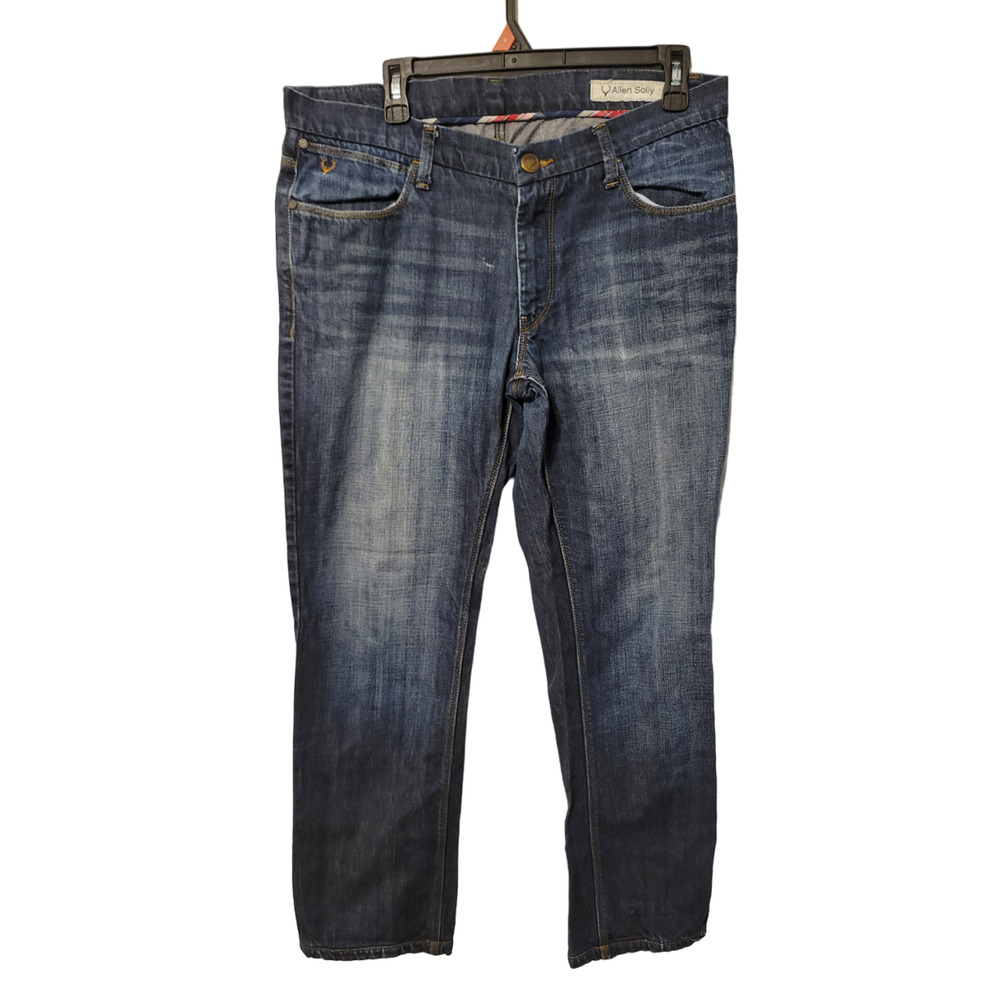 Allen Solly Blue Denim Tapered Leg Mid Rise Dark Wash Zip Fly Mens Jeans Size 34